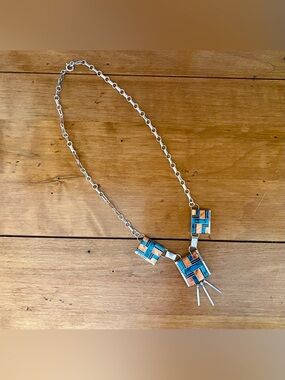 Vintage Native American Turquoise Spiny Oyster Inlay Sterling Silver Necklace